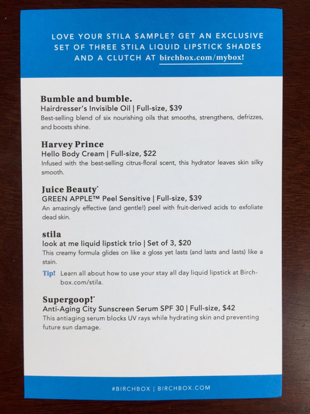 birchbox july 2015 information card