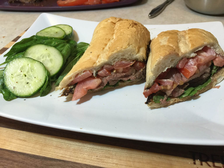 Balsamic Steak Sandwiches with Heirloom Tomato, Creamy Horseradish, and Cucumbers