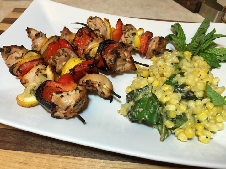 Oregano Chicken Kebabs with Creamy Basil Corn