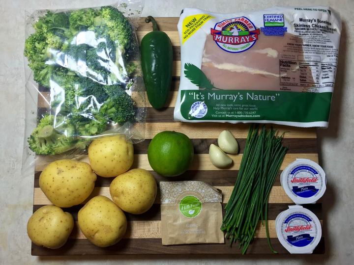 Pan-Seared Garlic Chicken with Crispy Broccoli and Potatoes Huancaina hello fresh