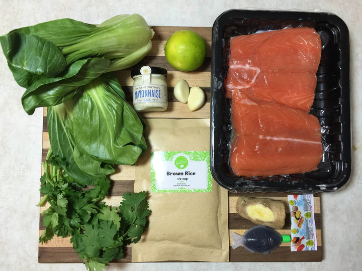 Crispy Pan-Seared Salmon with Baby Bok Choy, Cilantro-Wasabi Dressing, and Soy-Infused Brown Rice hello fresh