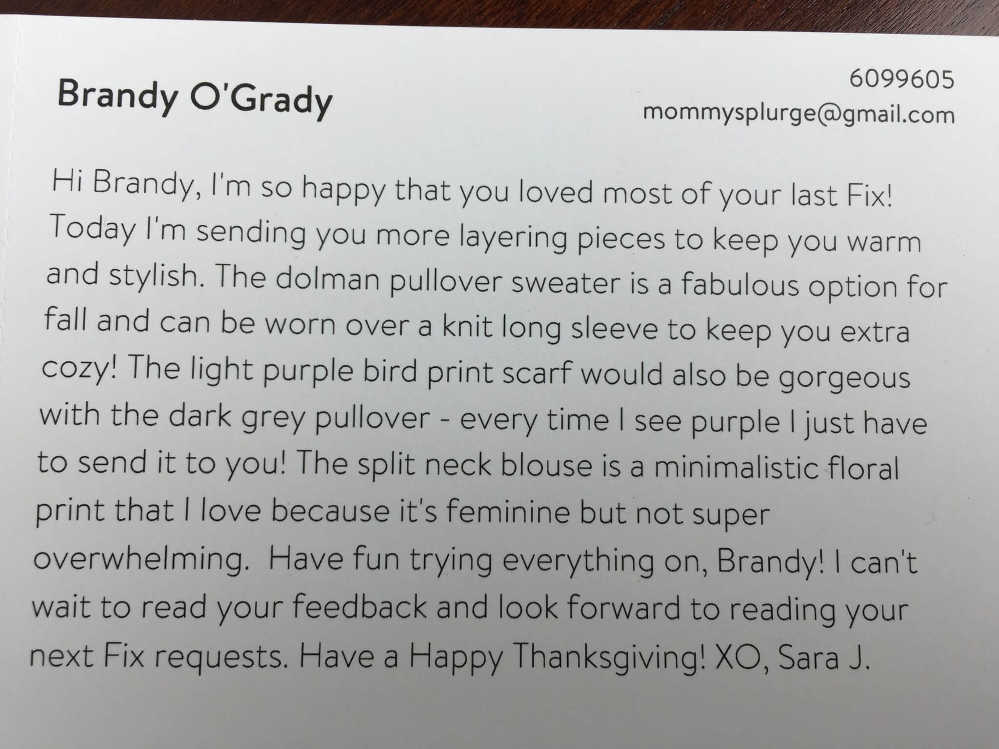 Stitch Fix December 2015 stylist note