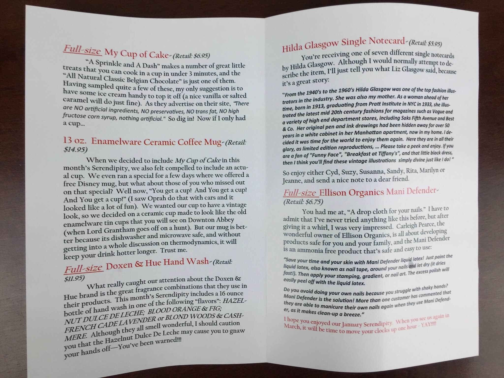 serendipity by llb january 2016 information card