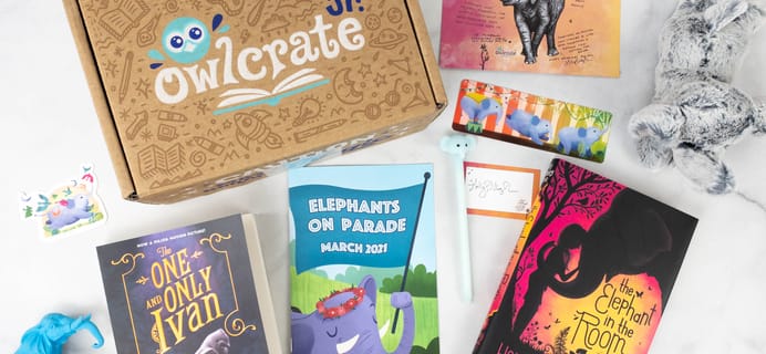 OwlCrate Jr. March 2021 Box Review & Coupon – ELEPHANTS ON PARADE!